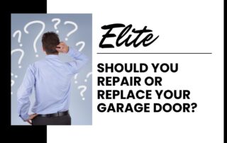 Elite Garage Door Services of Northwest Arkansas-A man in a blue shirt stands puzzled in front of a backdrop of question marks, contemplating garage door repair or replacement. Text reads, "Elite:…