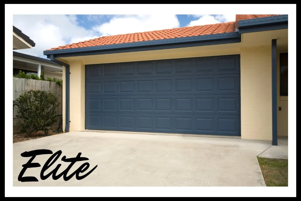 Garage Door Replacement vs Repair-4 Elite Garage Door Services of Northwest Arkansas-A sleek blue residential garage door is shown, featuring Elite branding. The image highlights professional garage door installation in Northwest Arkansas, emphasizing local and reliable service.