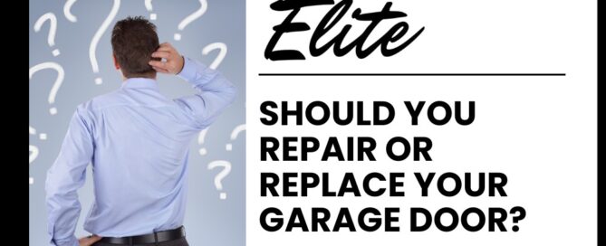 Elite Garage Door Services of Northwest Arkansas-A man in a blue shirt stands puzzled in front of a backdrop of question marks, contemplating garage door repair or replacement. Text reads, "Elite:…