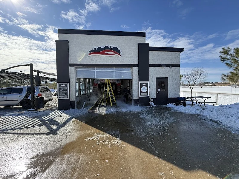 Elite Garage Door Services of Northwest ArkansasA professional technician stands on a ladder performing garage door repair at a local service center in Northwest Arkansas. The scene shows an open overhead garage door with snow surrounding the area on a sunny day.