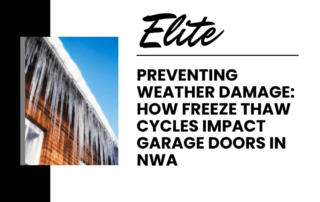 Elite Garage Door Services of Northwest ArkansasA brick building with icicles hanging from the roof, illustrating the impact of freeze-thaw cycles on garage doors. Text highlights weather damage prevention for garage doors in NWA.