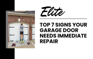 Elite Garage Door Services of Northwest ArkansasA professional technician from Elite Garage Door stands on a ladder inspecting a white residential garage door for repair in Northwest Arkansas. Tools are placed nearby, emphasizing reliable garage door service.