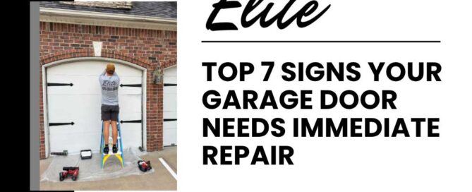 Elite Garage Door Services of Northwest ArkansasA professional technician from Elite Garage Door stands on a ladder inspecting a white residential garage door for repair in Northwest Arkansas. Tools are placed nearby, emphasizing reliable garage door service.