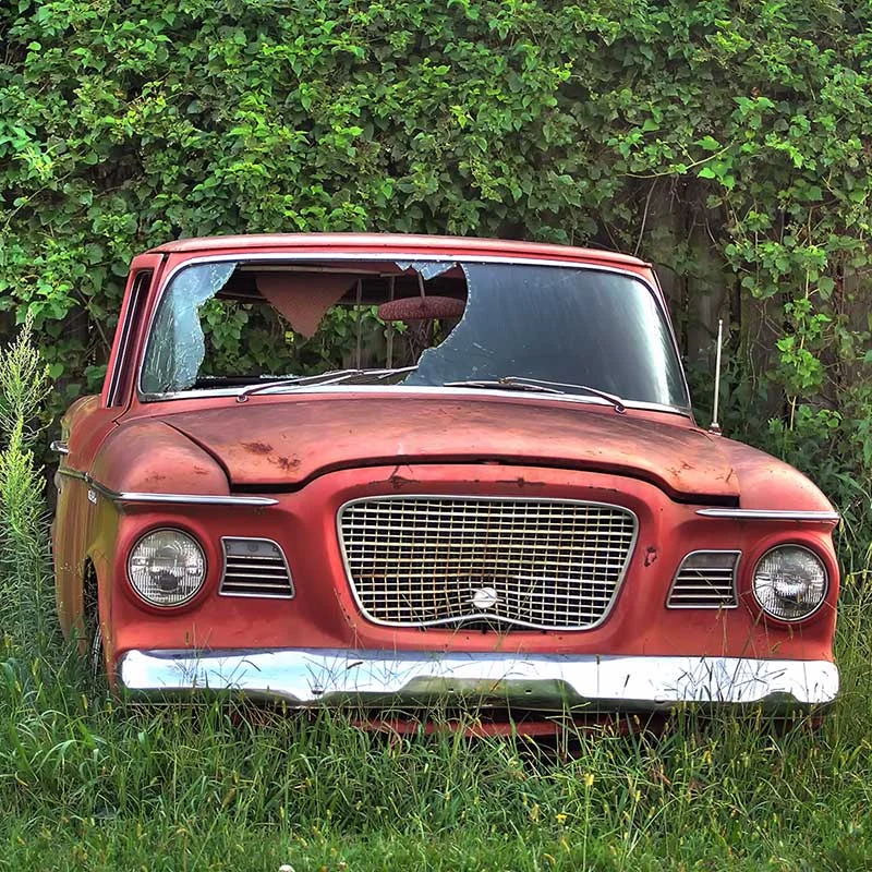 Elite Garage Door Services of Northwest Arkansas-An old, rusted car with broken windows sits overgrown with grass against a leafy background. This image contrasts with the professional, reliable garage door repair services offered in Northwest Arkansas.