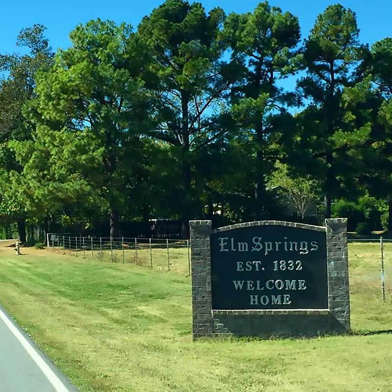 Elite Garage Door Services of Northwest Arkansas-A sign reading "Elm Springs Est. 1832 Welcome Home" stands beside a road lined with tall trees under a clear blue sky, highlighting the local charm of Northwest Arkansas.