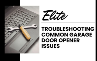 Elite Garage Door Services of Northwest Arkansas-A laptop with a wrench and screwdriver on the keyboard, symbolizing troubleshooting garage door openers. Text reads "Elite: Troubleshooting Common Garage Door Opener Issues," highlighting reliable garage door service in Northwest Arkansas.